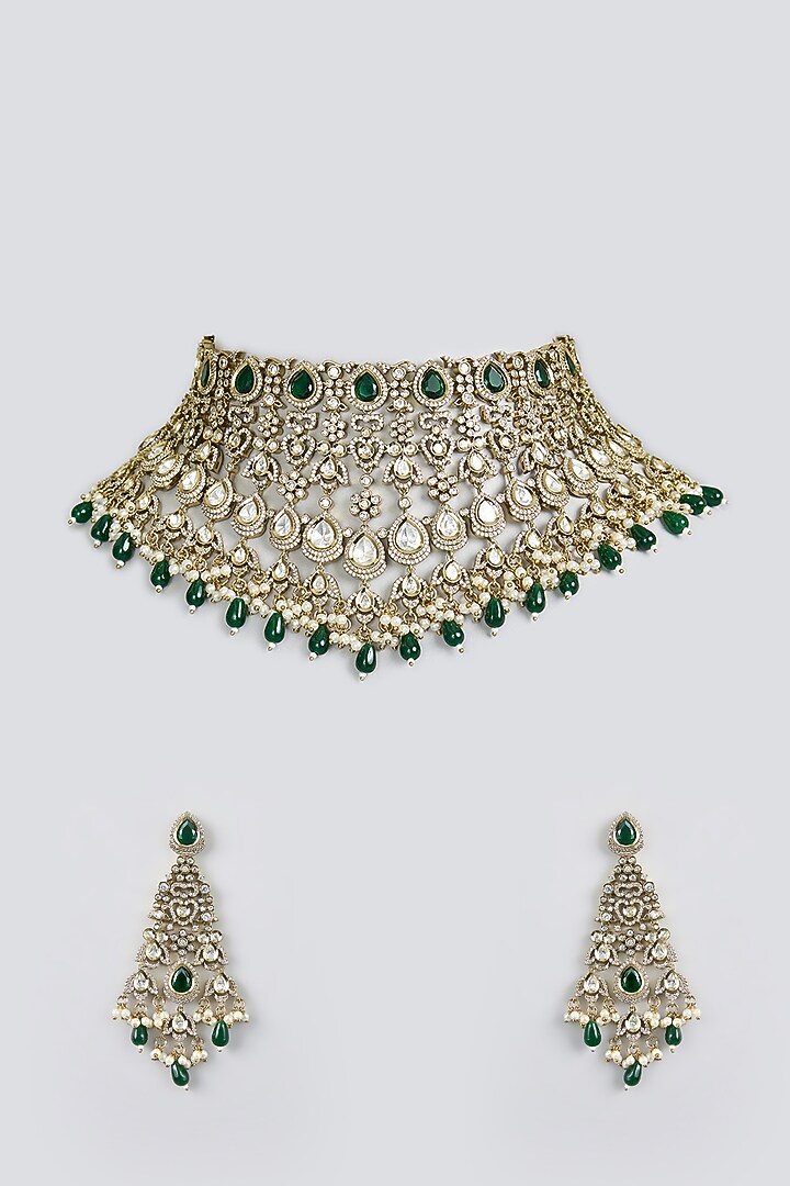 Black Rhodium Finish Green Kundan Polki Choker Necklace Set by Aura Trends at Pernia's Pop Up Shop