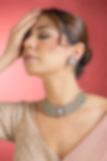 Black Rhodium Finish Kundan Polki & Ruby Choker Necklace Set by Aura Trends at Pernia's Pop Up Shop
