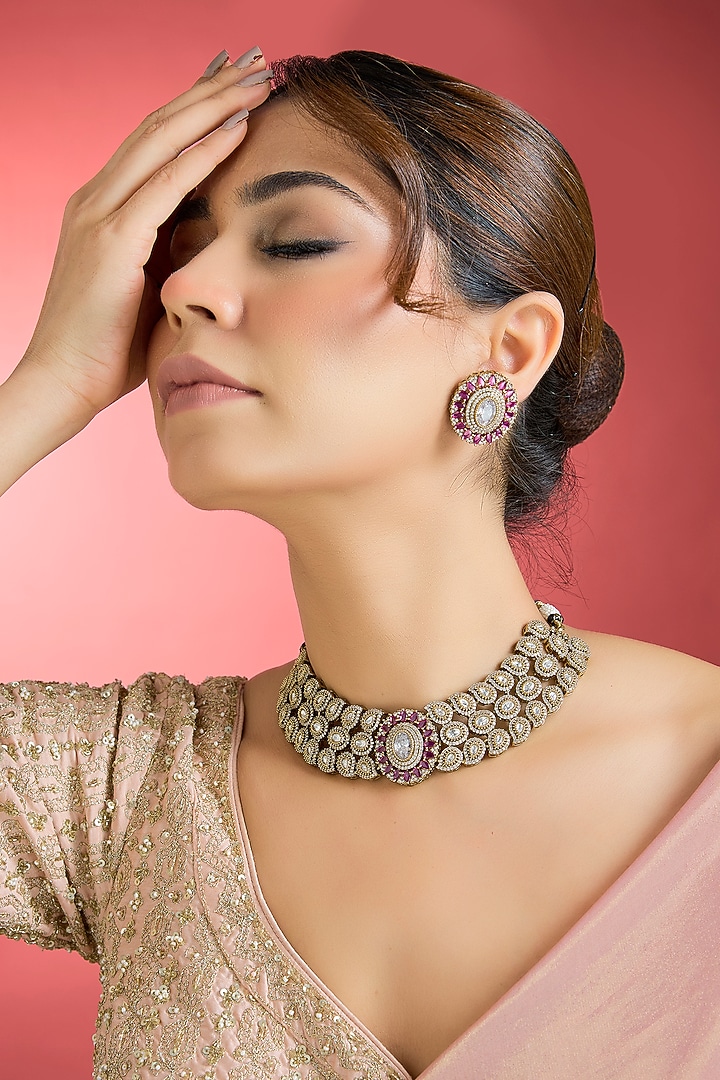 Black Rhodium Finish Kundan Polki & Ruby Choker Necklace Set by Aura Trends at Pernia's Pop Up Shop