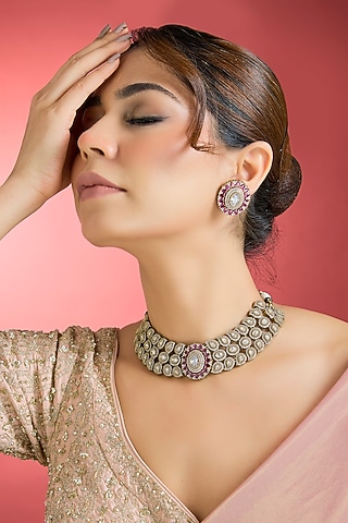 Black Rhodium Finish Kundan Polki & Ruby Choker Necklace Set by Aura Trends