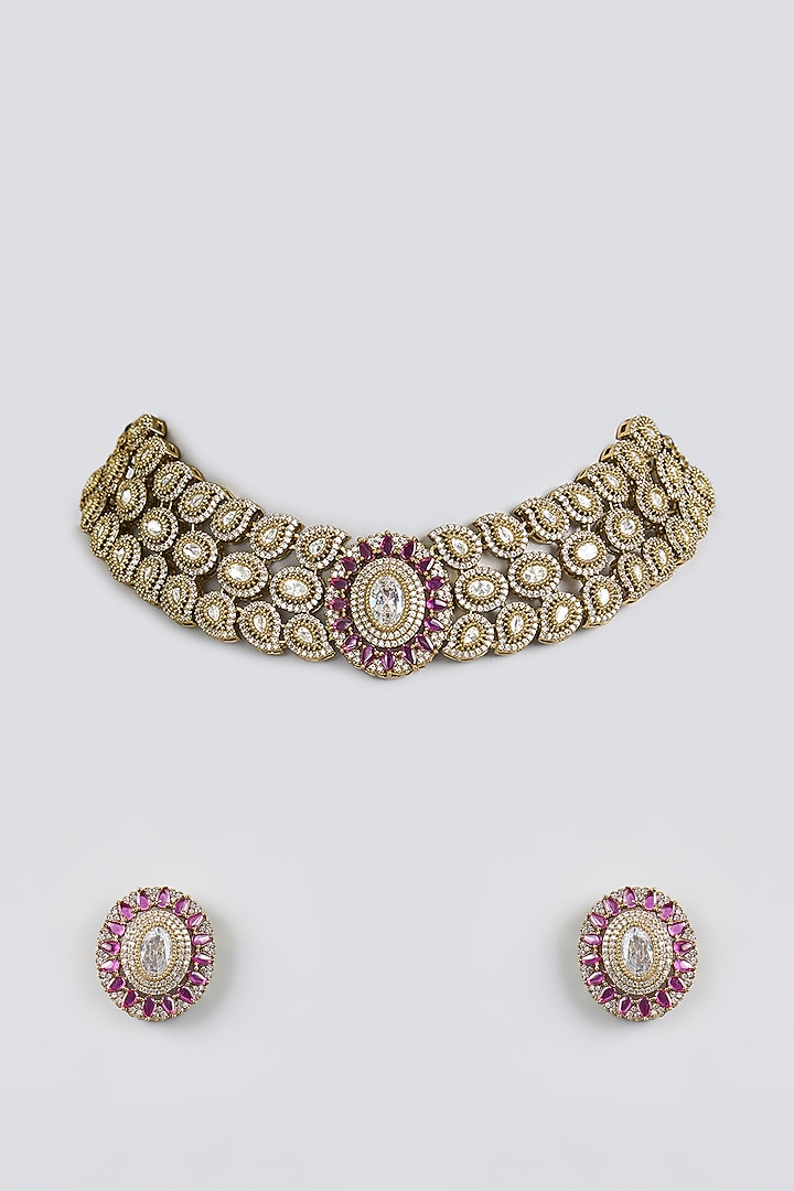 Black Rhodium Finish Kundan Polki & Ruby Choker Necklace Set by Aura Trends at Pernia's Pop Up Shop