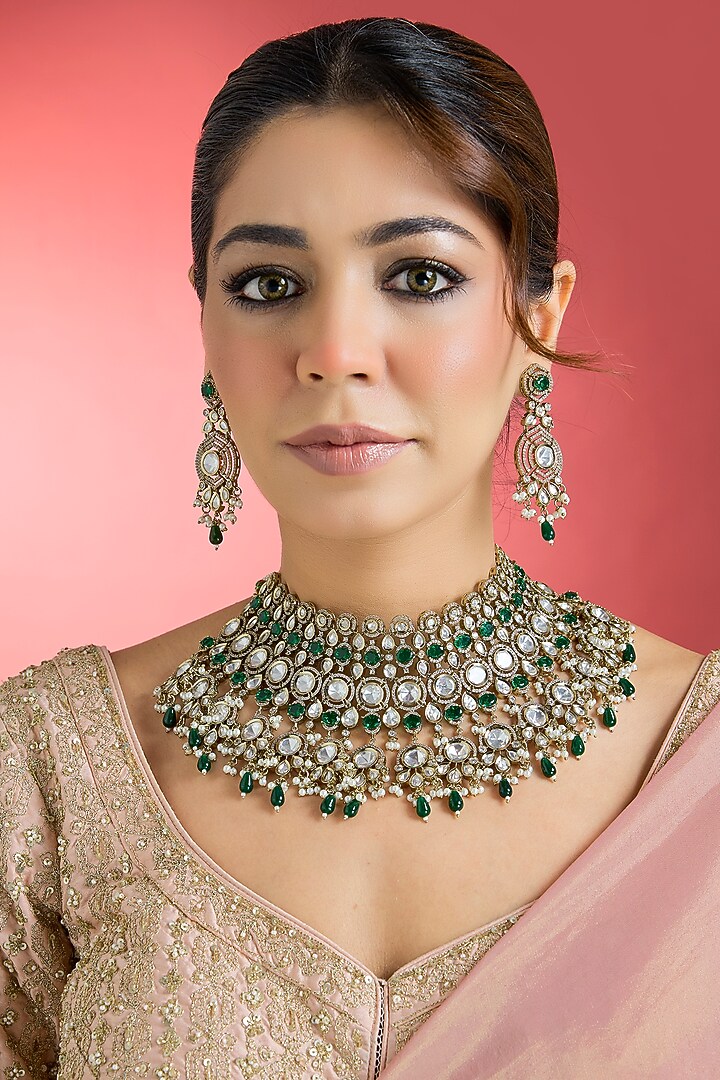 Black Rhodium Finish Kundan Polki Choker Necklace Set by Aura Trends at Pernia's Pop Up Shop