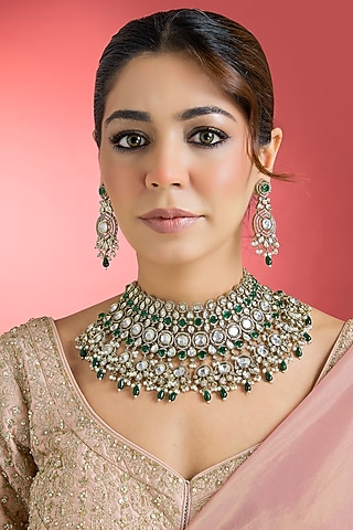 Black Rhodium Finish Kundan Polki Choker Necklace Set by Aura Trends