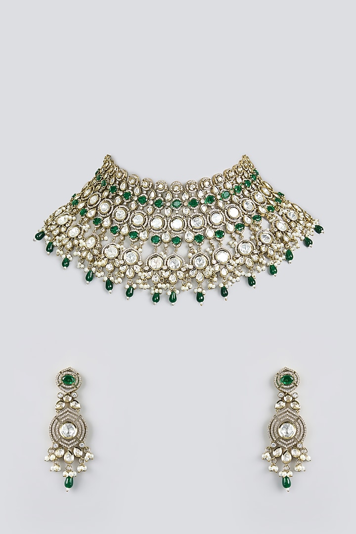 Black Rhodium Finish Kundan Polki Choker Necklace Set by Aura Trends at Pernia's Pop Up Shop