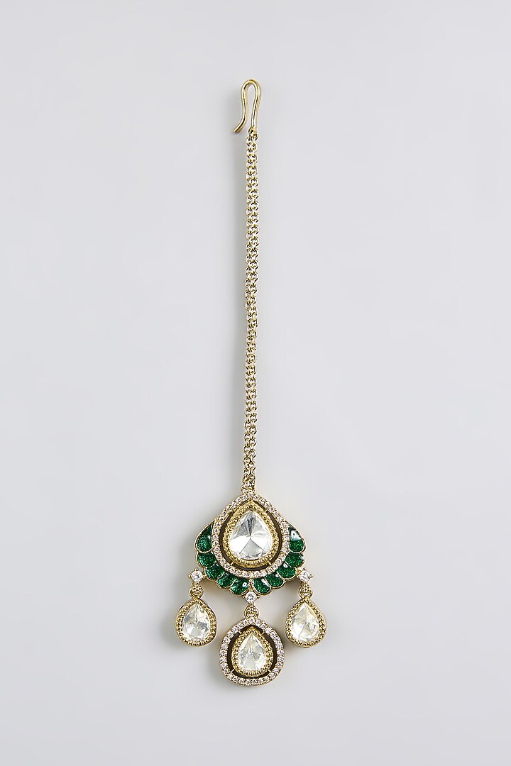 Black Rhodium Finish Green Kundan Polki Maangtikka by Aura Trends at Pernia's Pop Up Shop