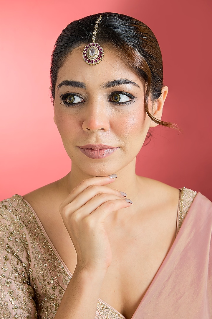 Black Rhodium Finish Pink Kundan Polki Maangtikka by Aura Trends at Pernia's Pop Up Shop