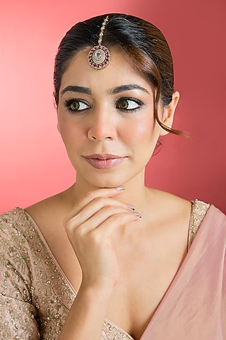 Black Rhodium Finish Pink Kundan Polki Maangtikka by Aura Trends