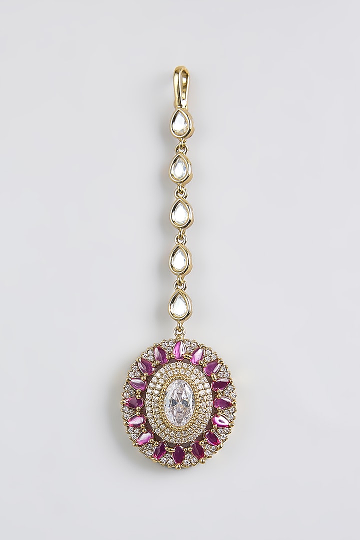 Black Rhodium Finish Pink Kundan Polki Maangtikka by Aura Trends at Pernia's Pop Up Shop
