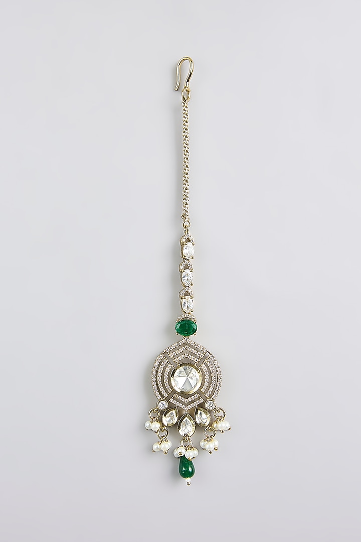 Black Rhodium Finish Green Kundan Polki Maangtikka by Aura Trends at Pernia's Pop Up Shop