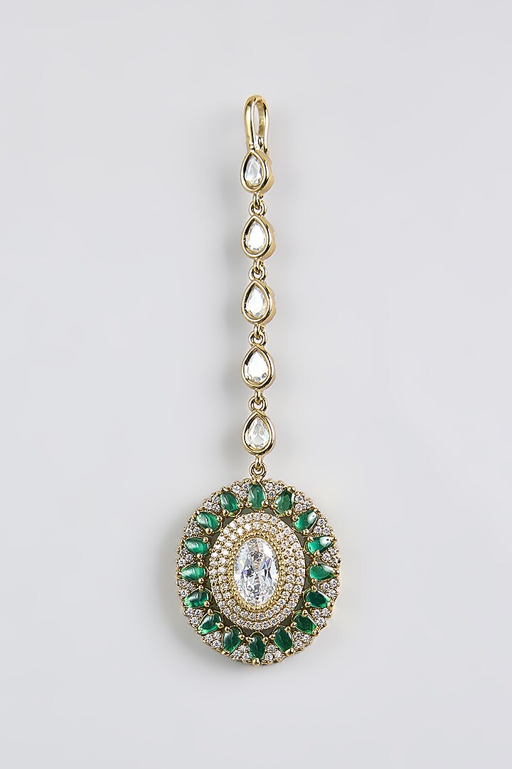 Black Rhodium Finish Green Kundan Polki Maangtikka by Aura Trends at Pernia's Pop Up Shop