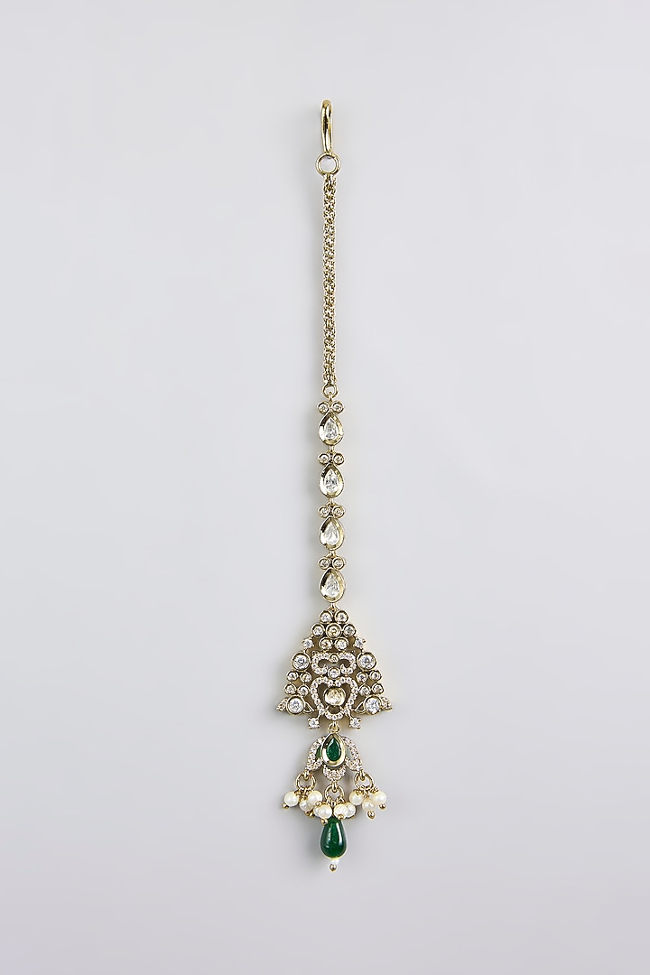 Black Rhodium Finish Green Kundan Polki Maangtikka by Aura Trends at Pernia's Pop Up Shop