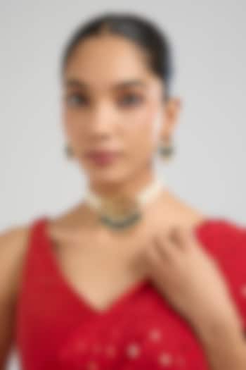 Gold Finish Multi-Colored Kundan Polki & Green Beaded Choker Necklace Set by Aura Trends at Pernia's Pop Up Shop