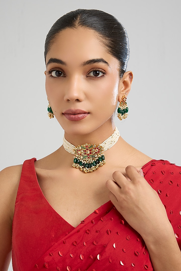 Gold Finish Multi-Colored Kundan Polki & Green Beaded Choker Necklace Set by Aura Trends at Pernia's Pop Up Shop
