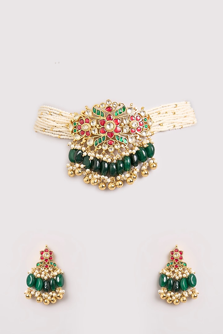 Gold Finish Multi-Colored Kundan Polki & Green Beaded Choker Necklace Set by Aura Trends at Pernia's Pop Up Shop