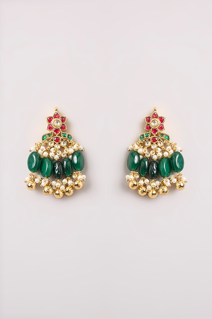 Gold Finish Multi-Colored Kundan Polki & Green Beaded Choker Necklace Set by Aura Trends at Pernia's Pop Up Shop