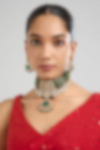 Gold Finish American Diamond & Emerald Green Stone Choker Necklace Set by Aura Trends at Pernia's Pop Up Shop