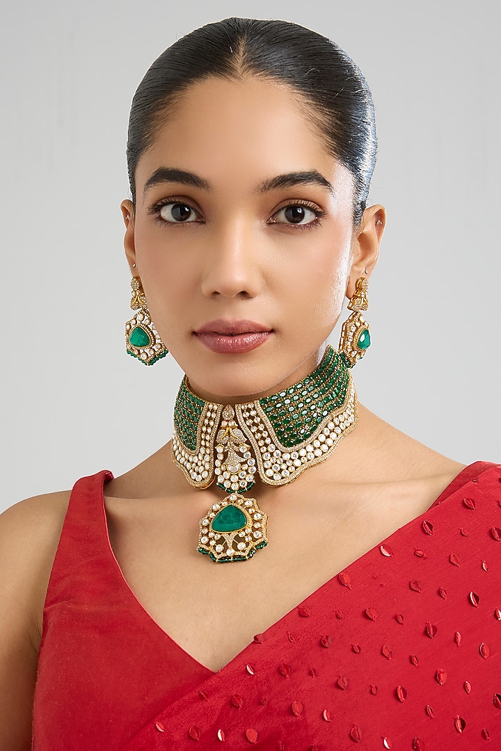 Gold Finish American Diamond & Emerald Green Stone Choker Necklace Set by Aura Trends at Pernia's Pop Up Shop