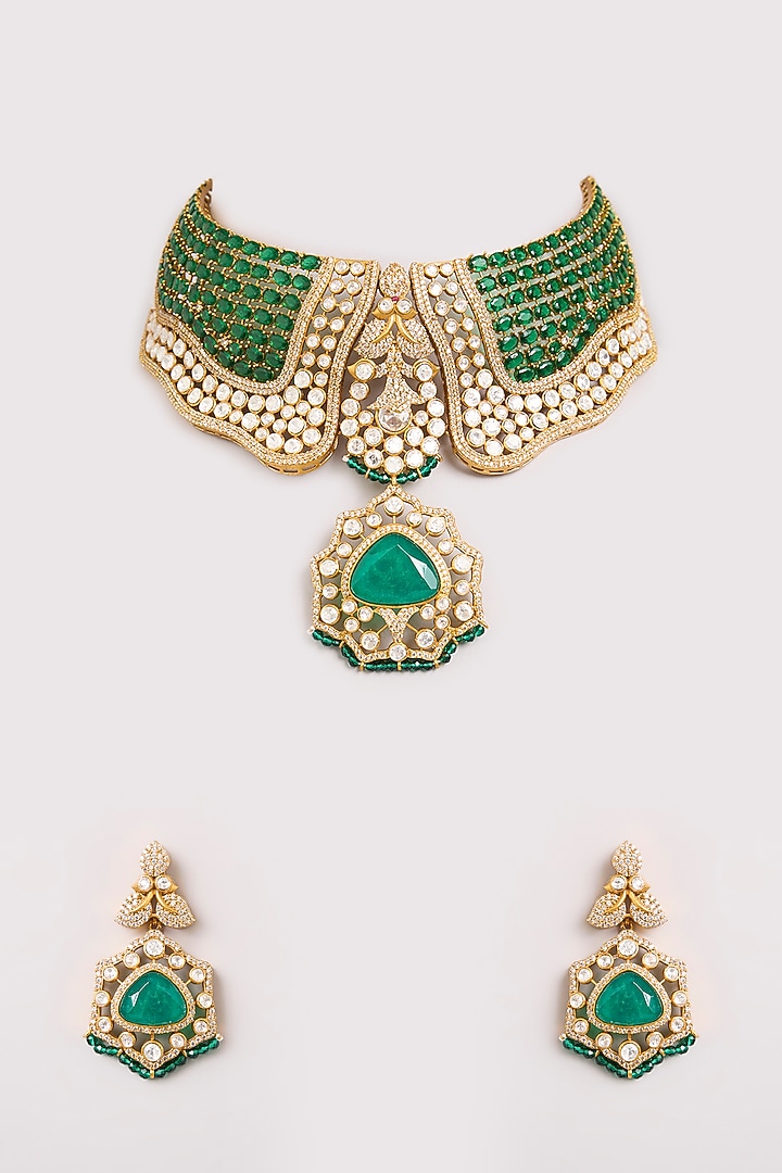 Gold Finish American Diamond & Emerald Green Stone Choker Necklace Set by Aura Trends at Pernia's Pop Up Shop