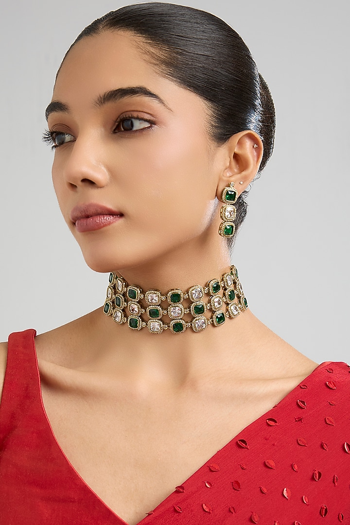Gold Finish Emerald-Green Stone Choker Necklace Set by Aura Trends at Pernia's Pop Up Shop