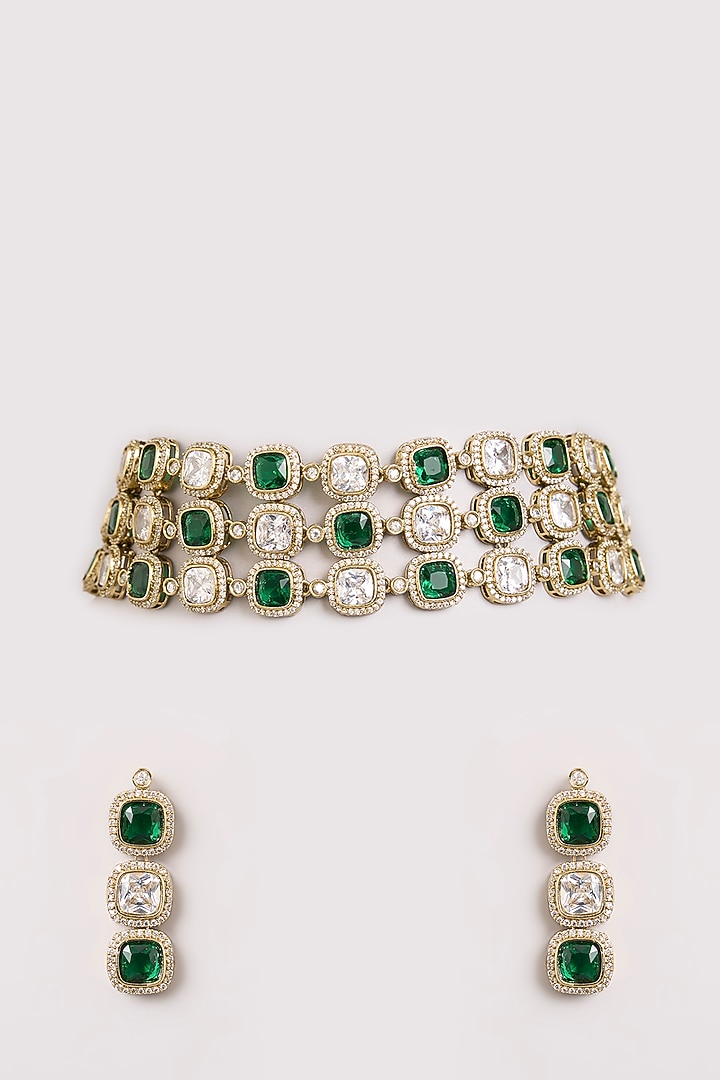 Gold Finish Emerald-Green Stone Choker Necklace Set by Aura Trends at Pernia's Pop Up Shop
