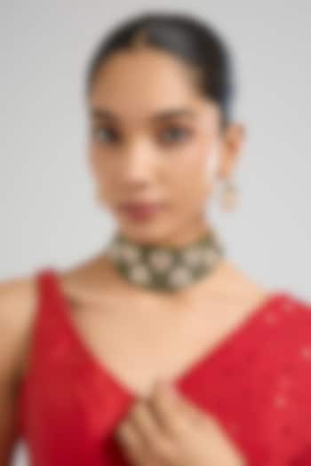 Gold Finish Kundan Polki & Green Beaded Choker Necklace Set by Aura Trends at Pernia's Pop Up Shop