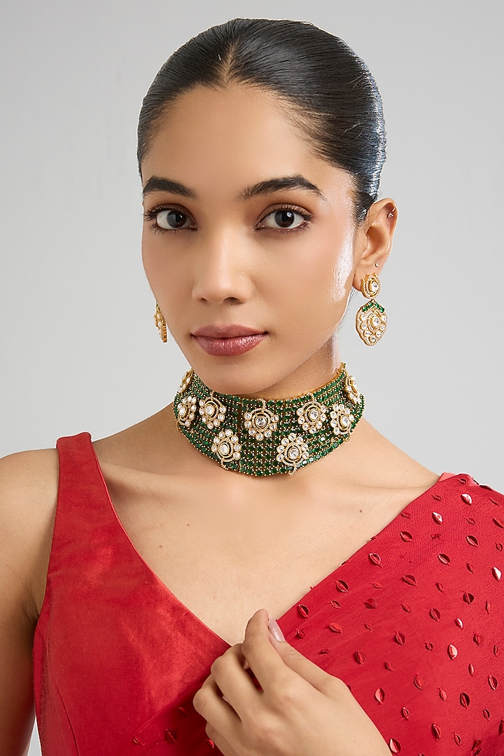 Gold Finish Kundan Polki & Green Beaded Choker Necklace Set by Aura Trends at Pernia's Pop Up Shop