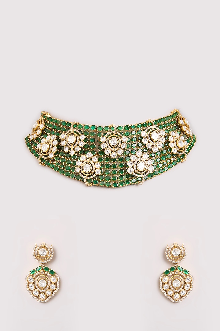 Gold Finish Kundan Polki & Green Beaded Choker Necklace Set by Aura Trends at Pernia's Pop Up Shop