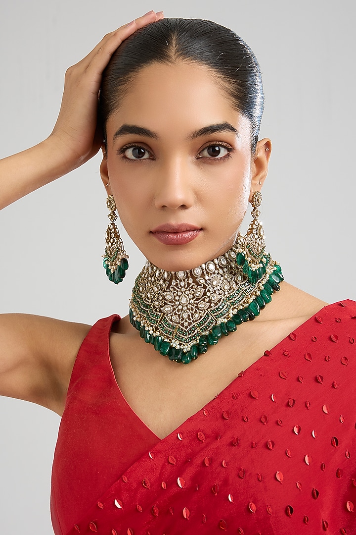 Antique Gold Finish Kundan Polki & Green Beaded Choker Necklace Set by Aura Trends at Pernia's Pop Up Shop