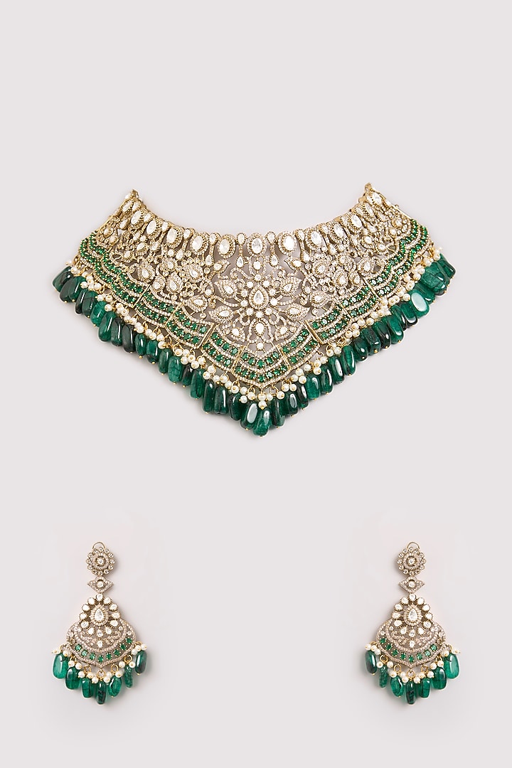 Antique Gold Finish Kundan Polki & Green Beaded Choker Necklace Set by Aura Trends at Pernia's Pop Up Shop