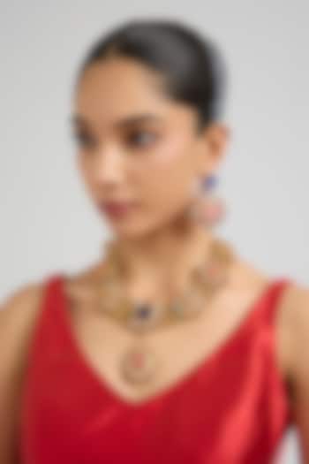 Gold Finish Pink & Blue Kundan Polki Necklace Set by Aura Trends at Pernia's Pop Up Shop