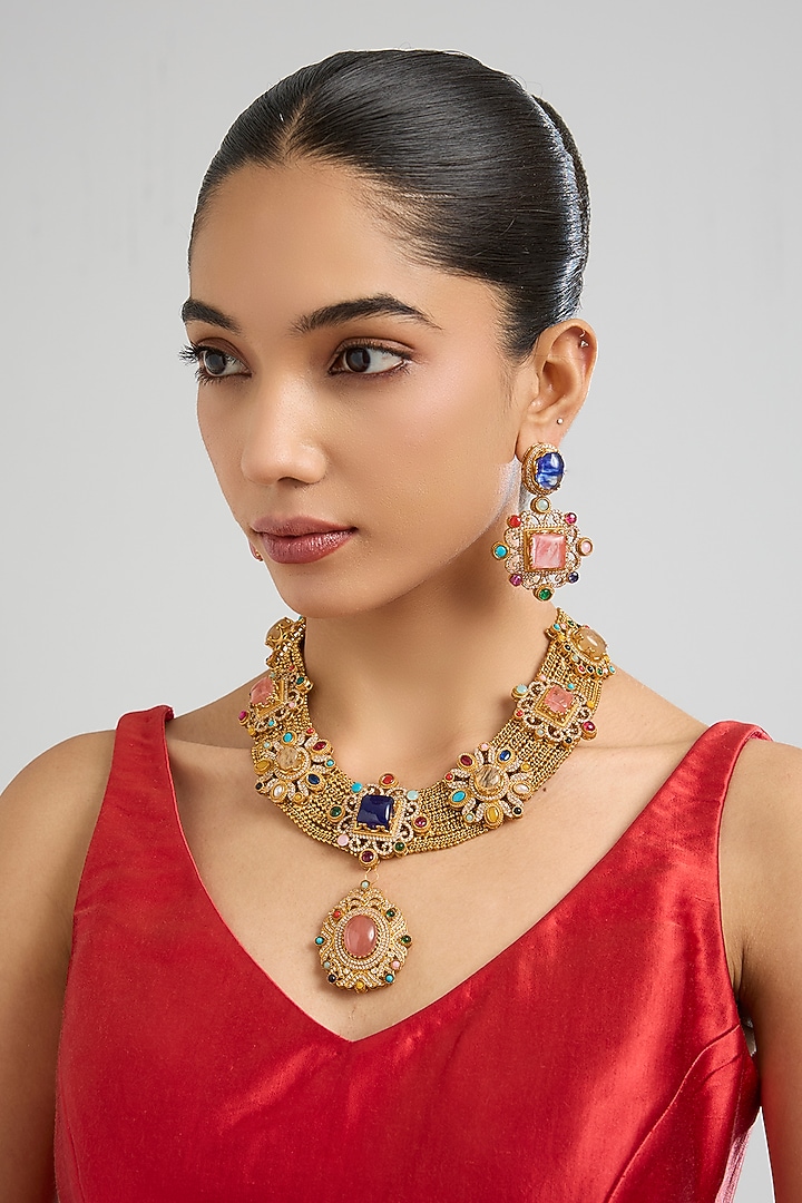 Gold Finish Pink & Blue Kundan Polki Necklace Set by Aura Trends at Pernia's Pop Up Shop