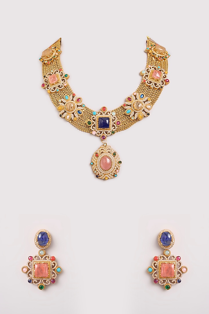 Gold Finish Pink & Blue Kundan Polki Necklace Set by Aura Trends at Pernia's Pop Up Shop