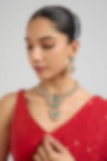 Gold Finish Green Kundan Polki & White Stone Necklace Set by Aura Trends at Pernia's Pop Up Shop