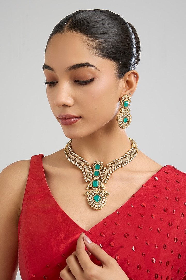 Gold Finish Green Kundan Polki & White Stone Necklace Set by Aura Trends at Pernia's Pop Up Shop