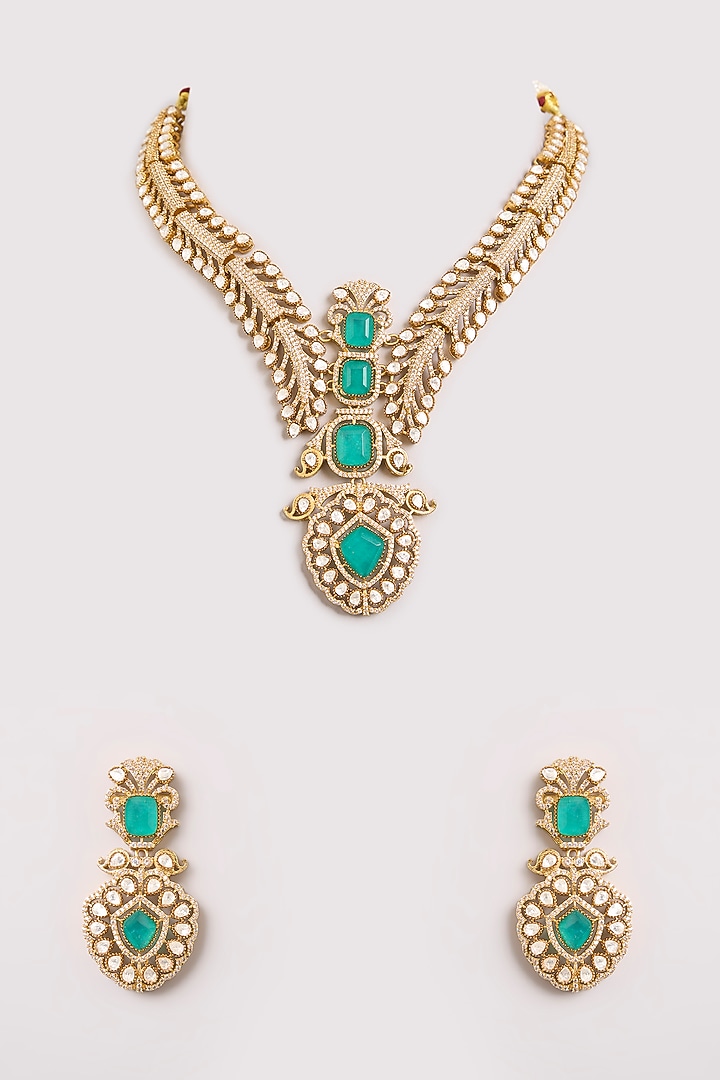 Gold Finish Green Kundan Polki & White Stone Necklace Set by Aura Trends at Pernia's Pop Up Shop