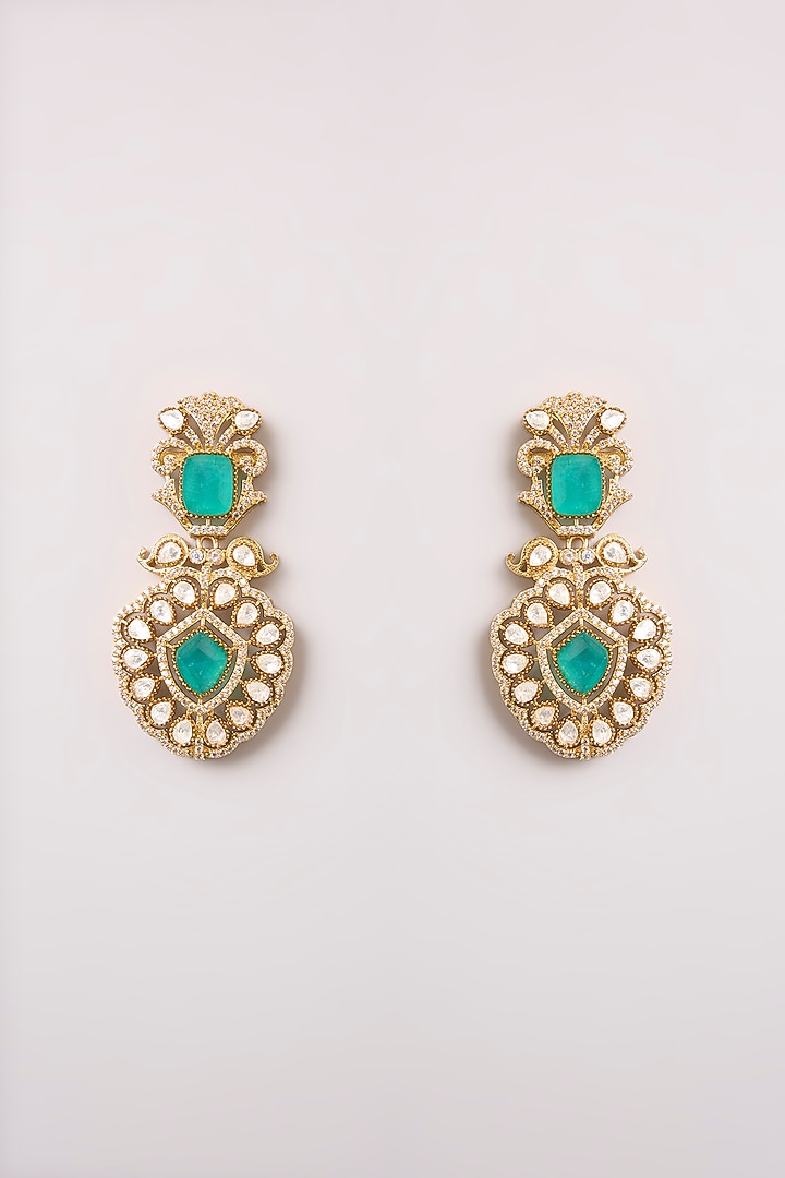 Gold Finish Green Kundan Polki & White Stone Necklace Set by Aura Trends at Pernia's Pop Up Shop