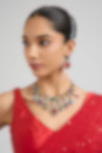 Gold Finish Pink & Blue Kundan Polki Necklace Set by Aura Trends at Pernia's Pop Up Shop