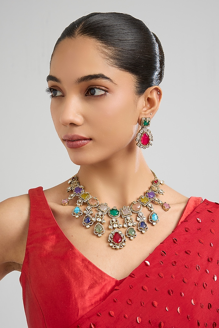 Gold Finish Pink & Blue Kundan Polki Necklace Set by Aura Trends at Pernia's Pop Up Shop