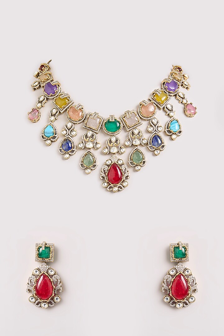 Gold Finish Pink & Blue Kundan Polki Necklace Set by Aura Trends at Pernia's Pop Up Shop