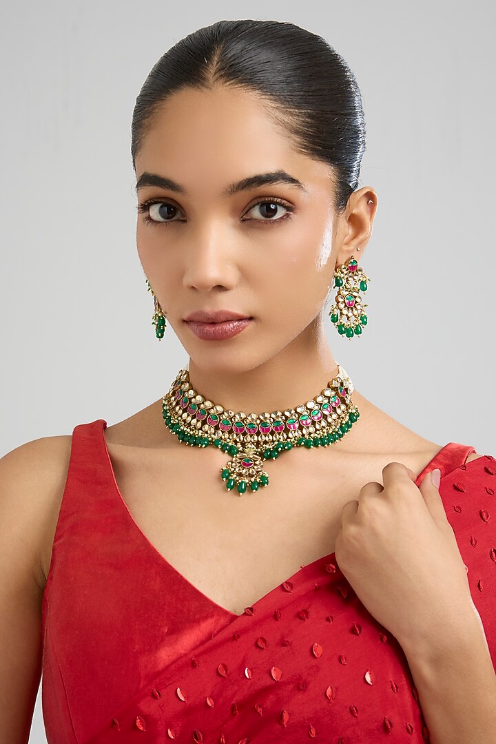 Gold Finish Multi-Colored Kundan Polki Necklace Set by Aura Trends at Pernia's Pop Up Shop