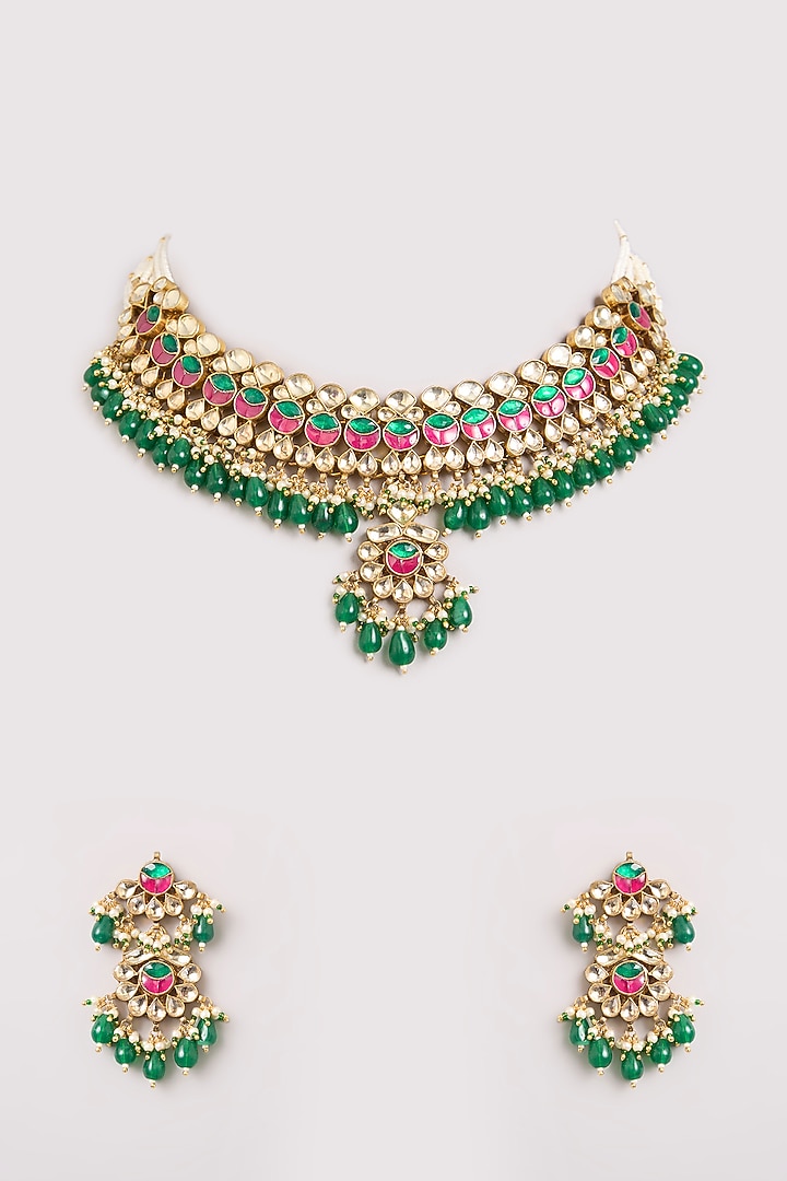 Gold Finish Multi-Colored Kundan Polki Necklace Set by Aura Trends at Pernia's Pop Up Shop