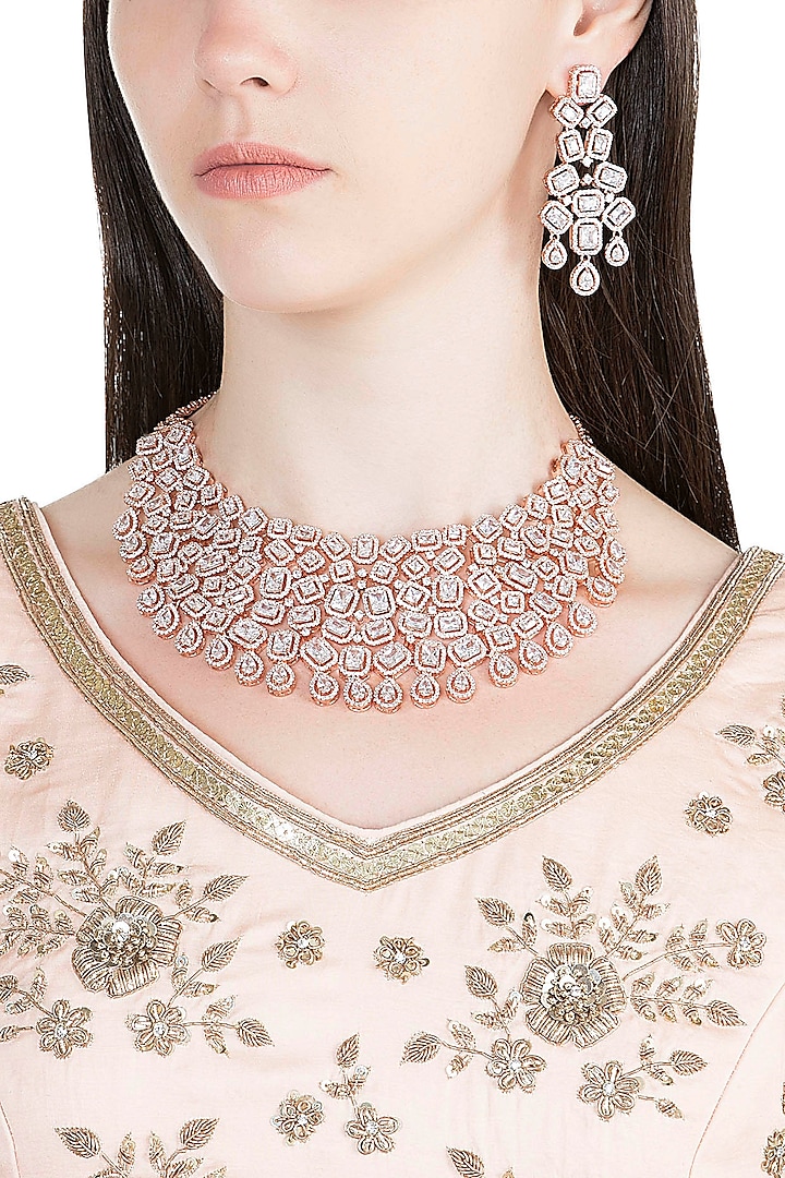 Rose Gold Finish Diamante Necklace Set by Auraa Trends