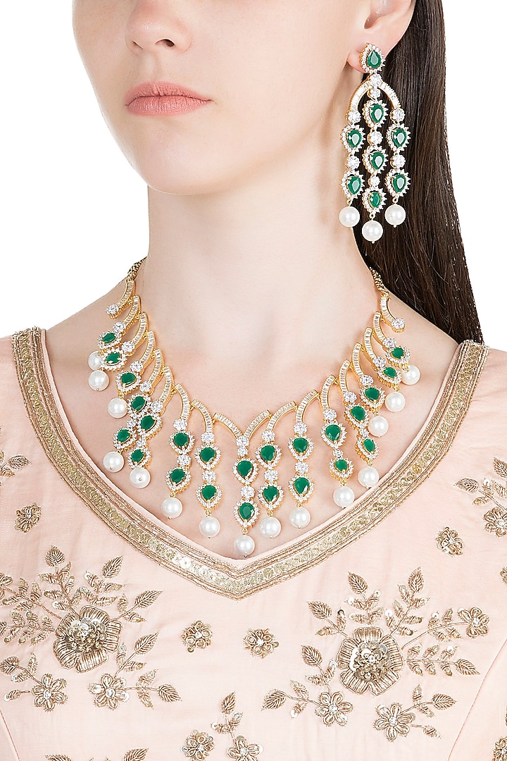 White & Gold Finish Diamante & Semi-Precious Necklace Set by Auraa Trends