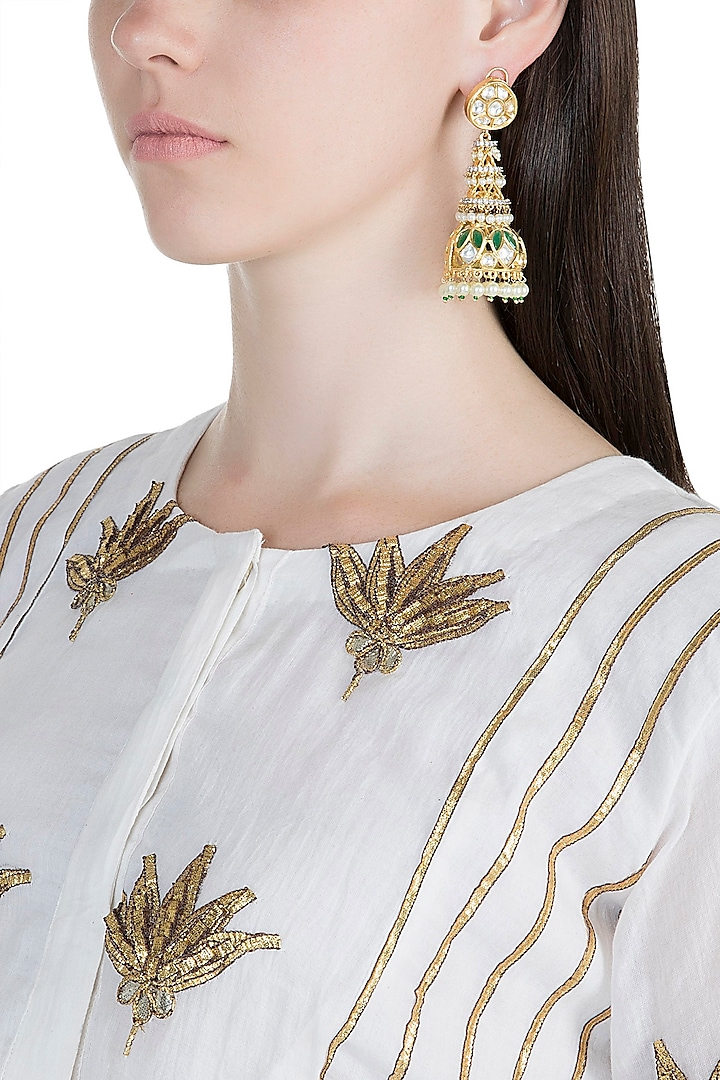 Gold Finish Kundan & Pearls Jhumka Earrings by Auraa Trends