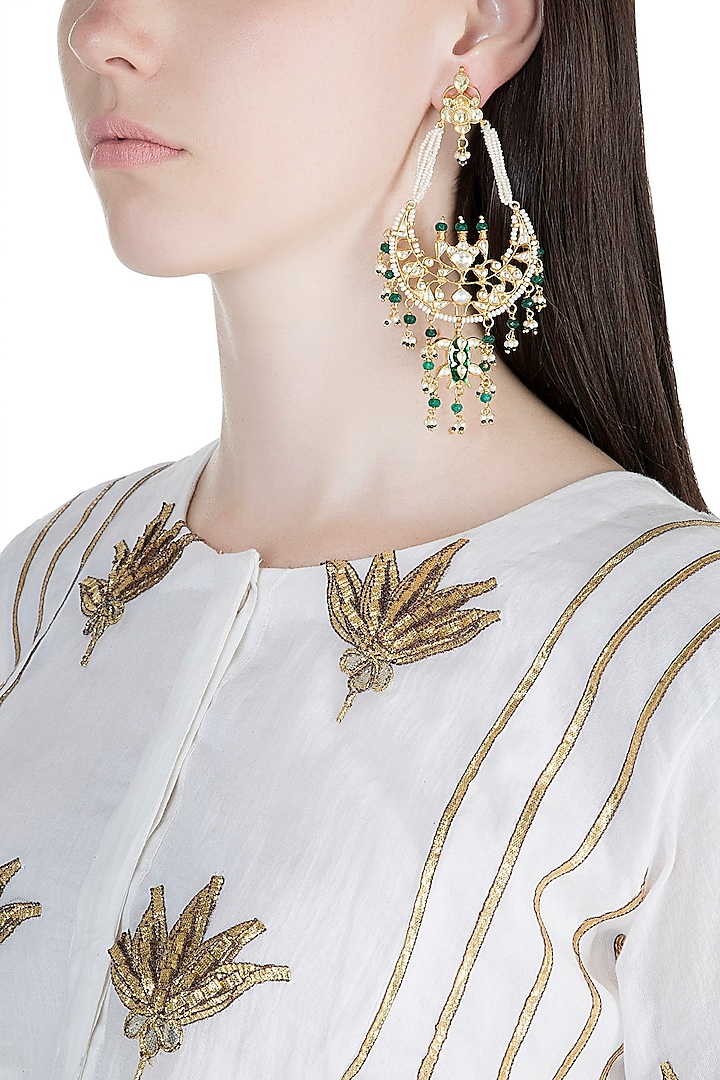 Gold Finish Kundan & Semi-Precious Green Stones Chandbali Earrings by Auraa Trends