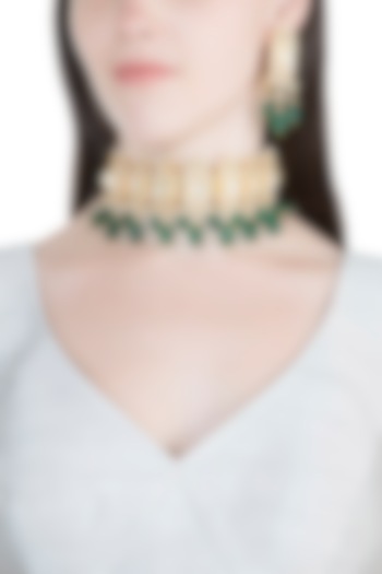 Gold Finish Kundan & Semi-Precious Green Stones Necklace Set by Auraa Trends