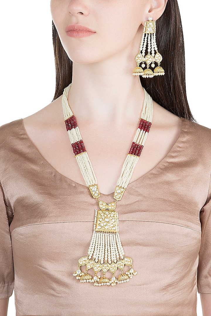 Gold Finish Kundan, Pearls & Semi-Precious Red Stones Necklace Set by Auraa Trends