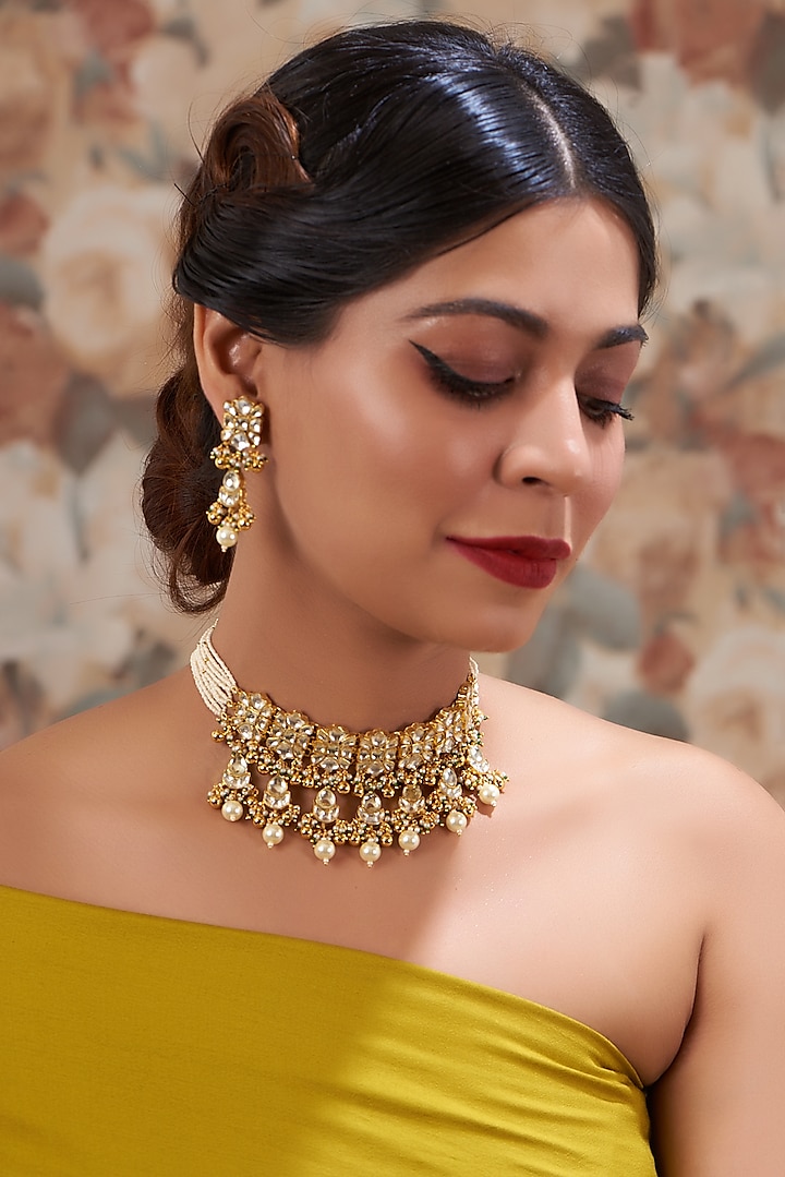Gold Plated Kundan Polki & Handcrafted Stones Choker Necklace Set by Auraa Trends