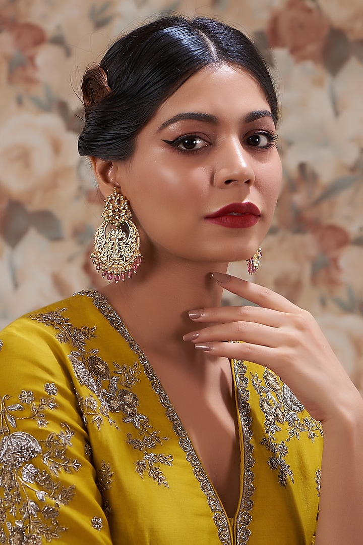 Gold Plated Kundan Polki & Handcrafted Pink Stones Chandbali Earrings by Auraa Trends