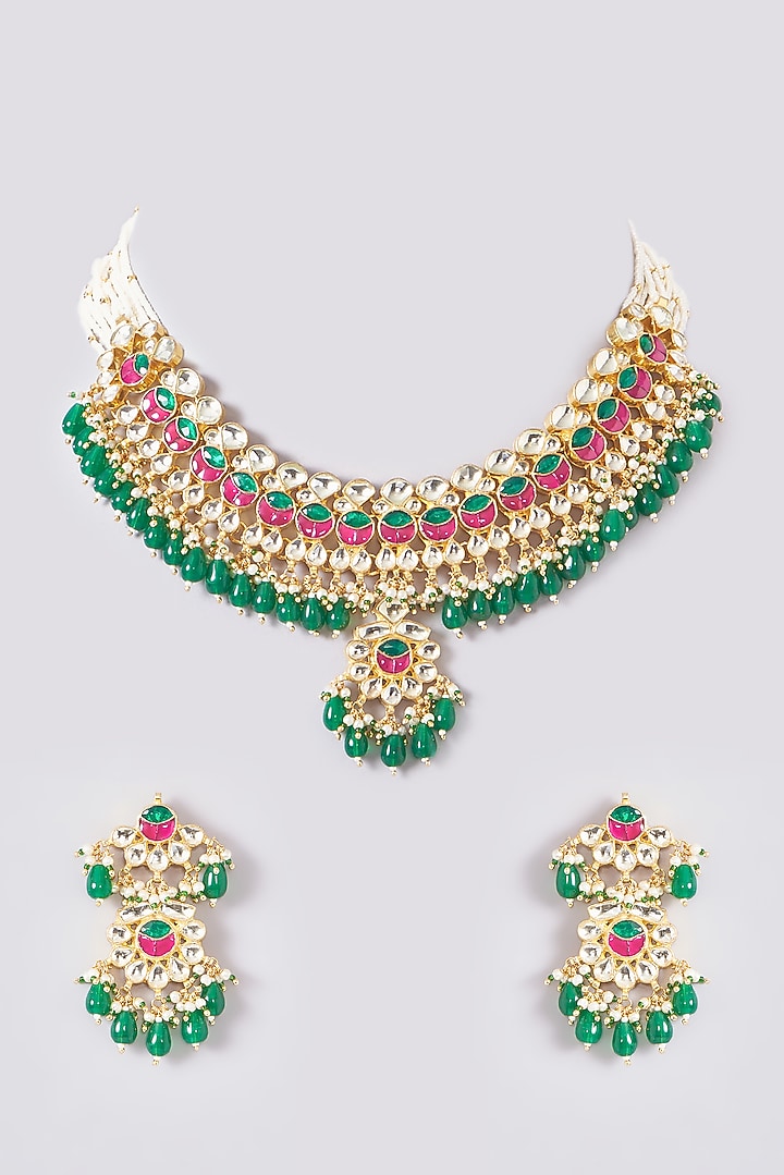 Gold Plated Kundan Polki & Handcrafted Green Stones Necklace Set by Aura Trends at Pernia's Pop Up Shop